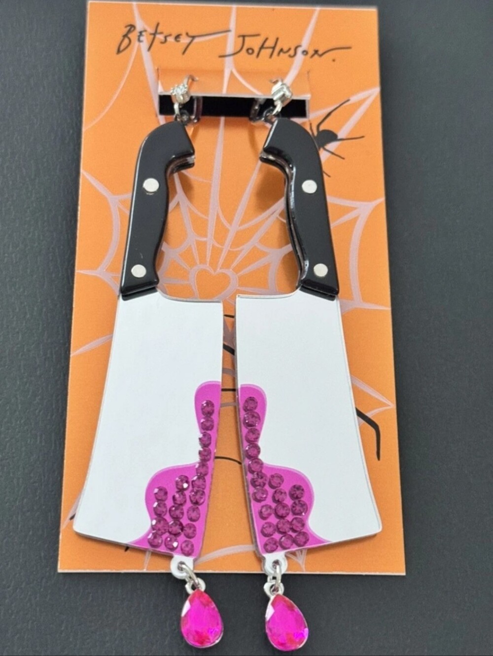 NEW Betsey Johnson Halloween Crystal Drop Cleaver Earrings Leverback NWT 🎃💀
